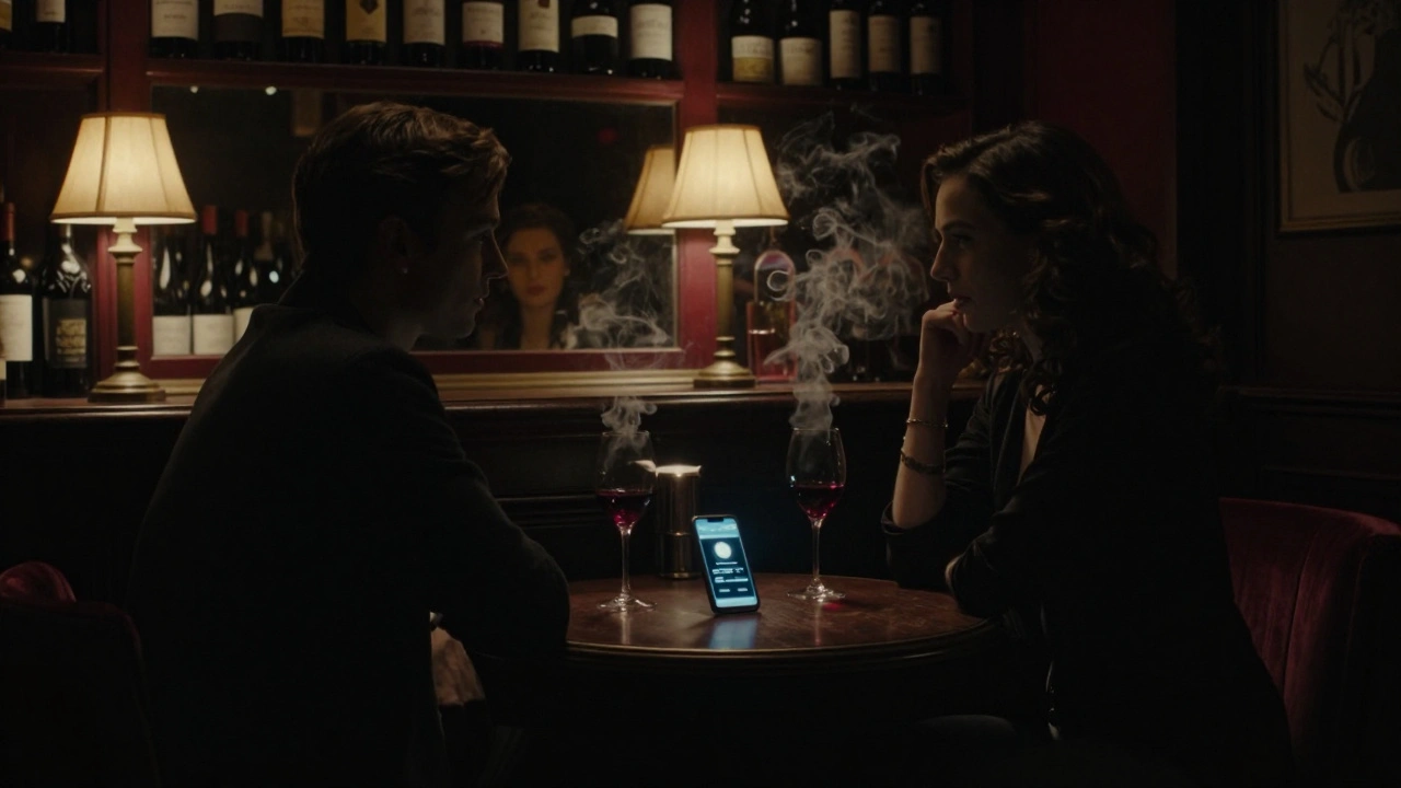 Un couple dans un bar intime du 11e arrondissement, faces cachées, téléphone allumé sur la table.