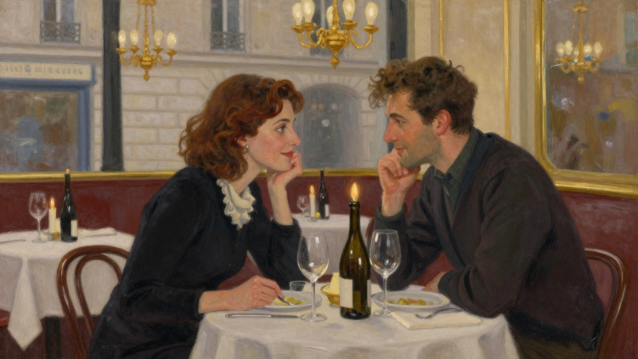 Un couple dîne en intimité dans un restaurant parisien, éclairé par des bougies et des lustres dorés.