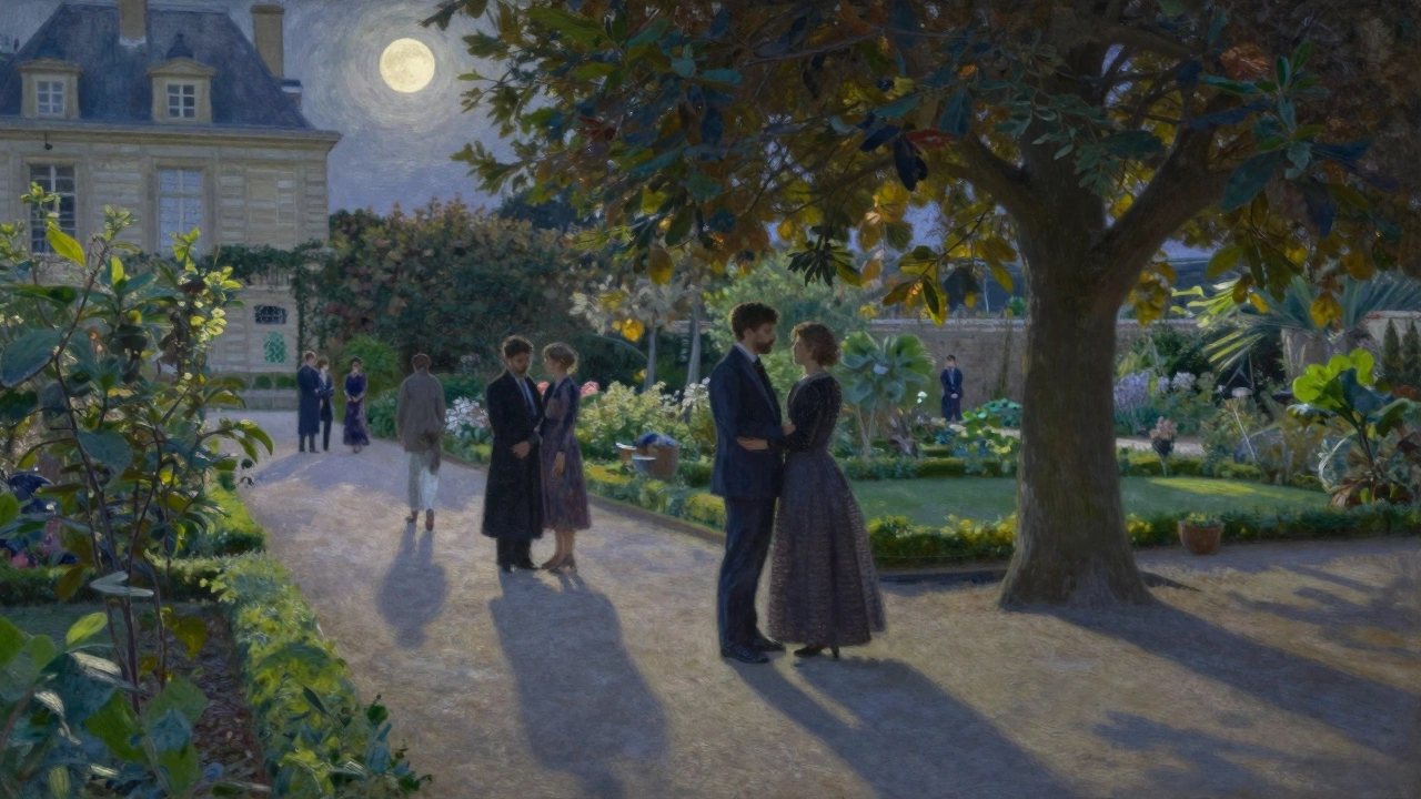 Un couple isolé dans un jardin caché sous la lune, près du Jardin du Luxembourg, ambiance paisible et élégante.