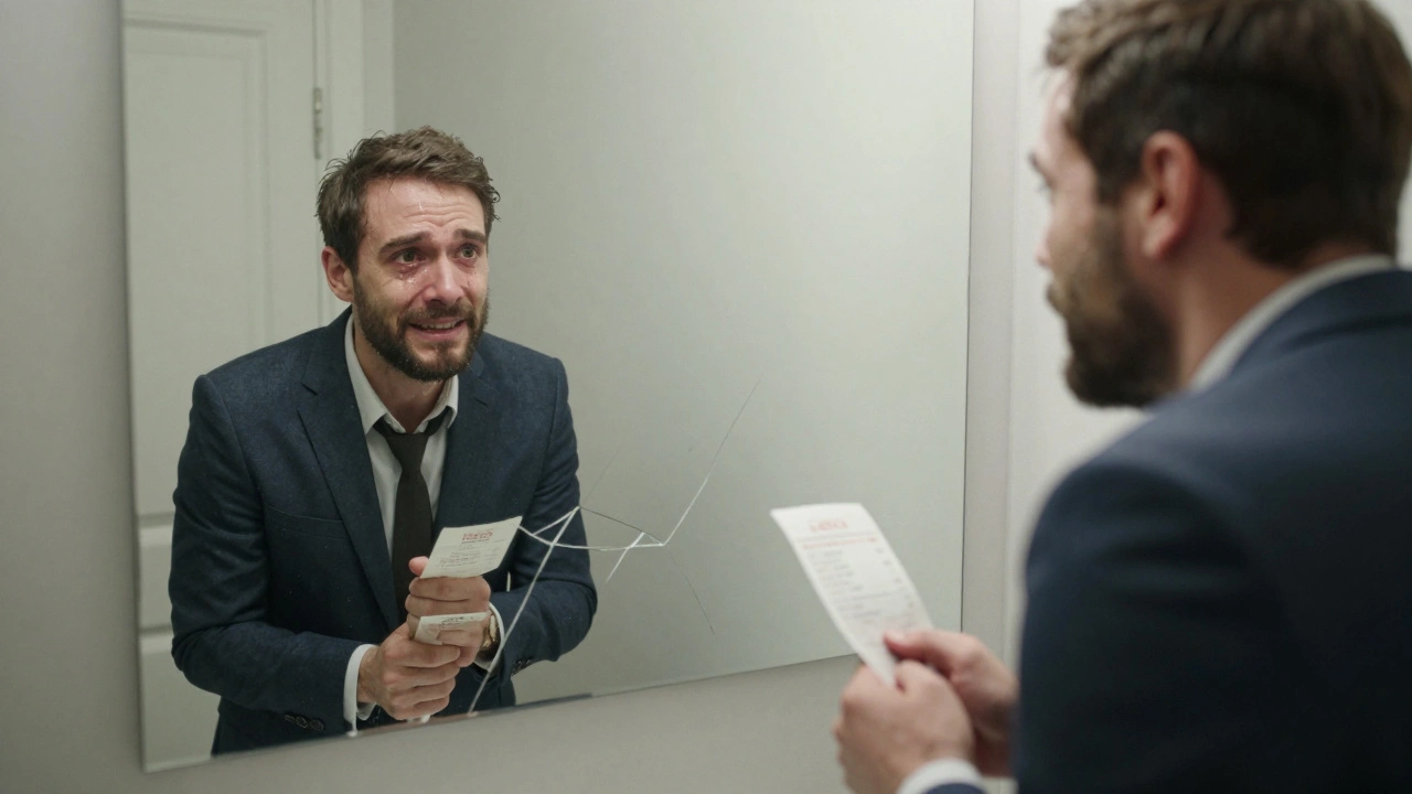 Un homme devant un miroir, son reflet montre une version fantôme de lui-même tenant un reçu d&#039;hôtel.