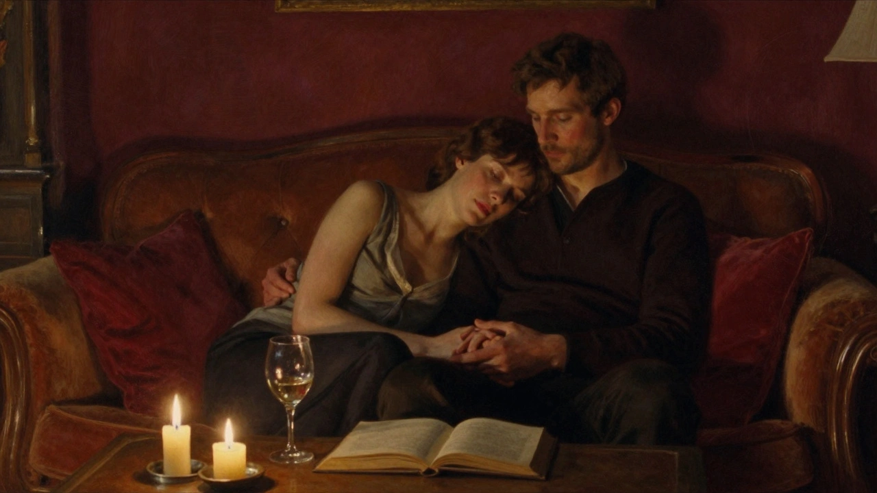 Un homme et une femme assis ensemble sur un canapé, partageant un moment de paix et de connexion.