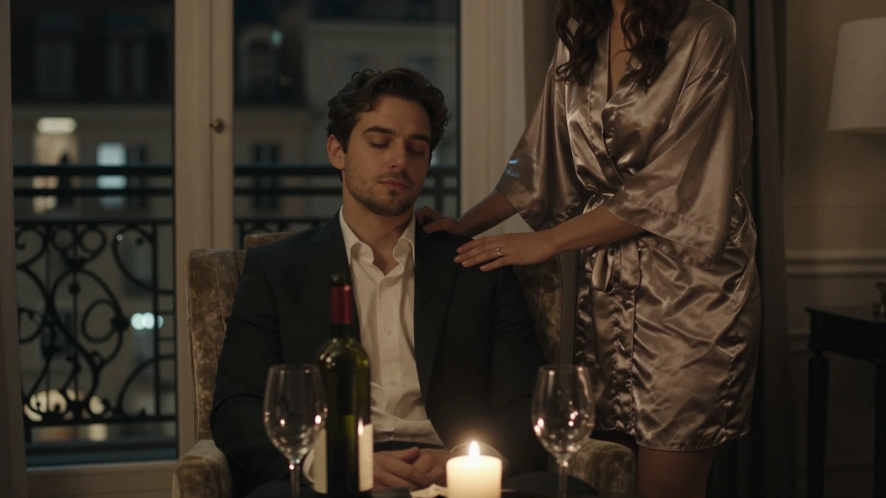 Un homme et une femme dans une chambre d'hôtel, un moment de paix et de connexion silencieuse.