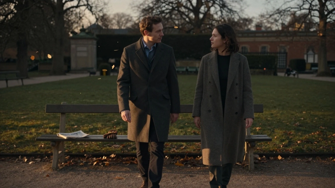 Un homme et une femme marchent paisiblement dans les jardins du Luxembourg au crépuscule, sans se toucher.