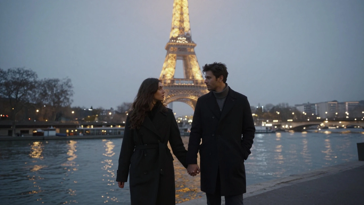 Un homme et une femme marchent près de la Seine sous la Tour Eiffel, nuit brumeuse et lumières scintillantes.