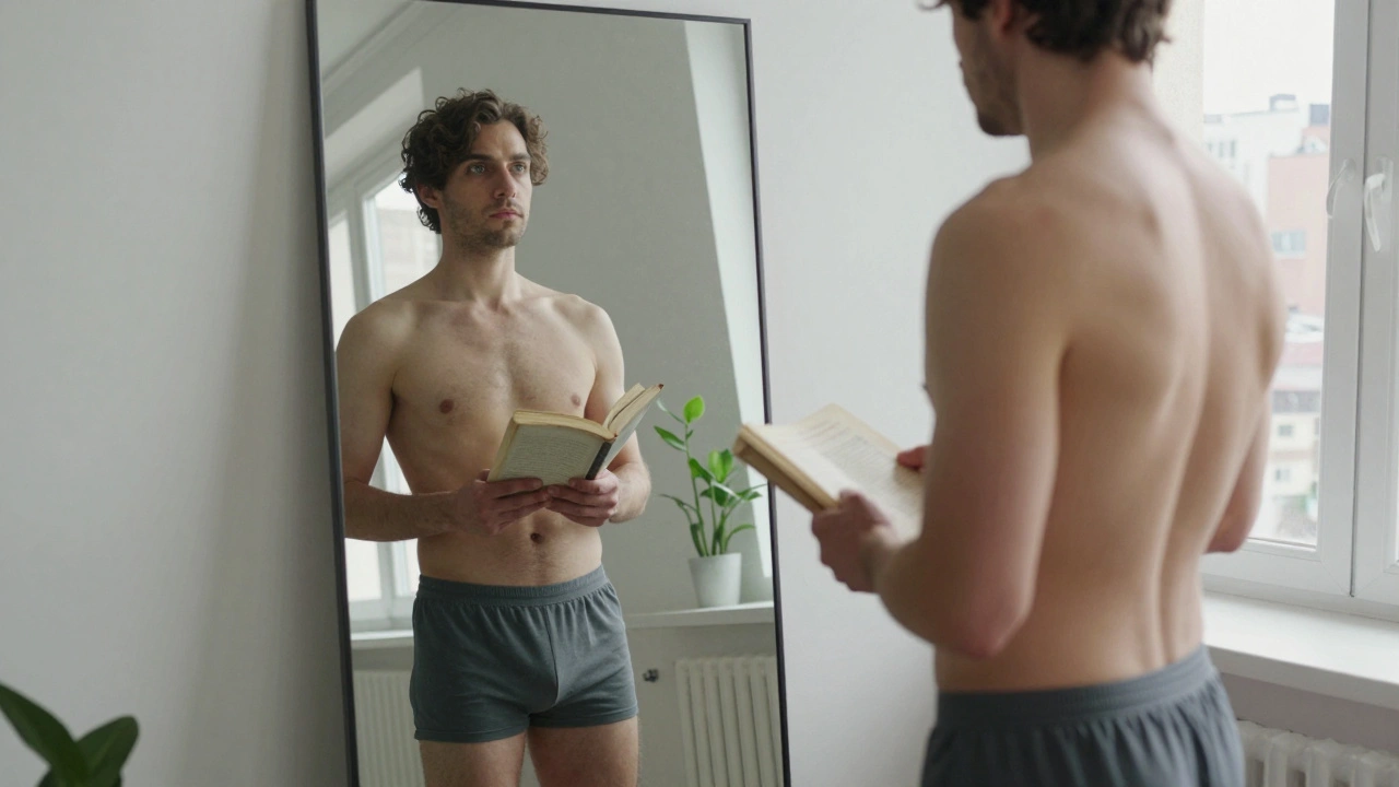 Un homme se regarde dans un miroir, seul dans un appartement lumineux, tenant un livre.