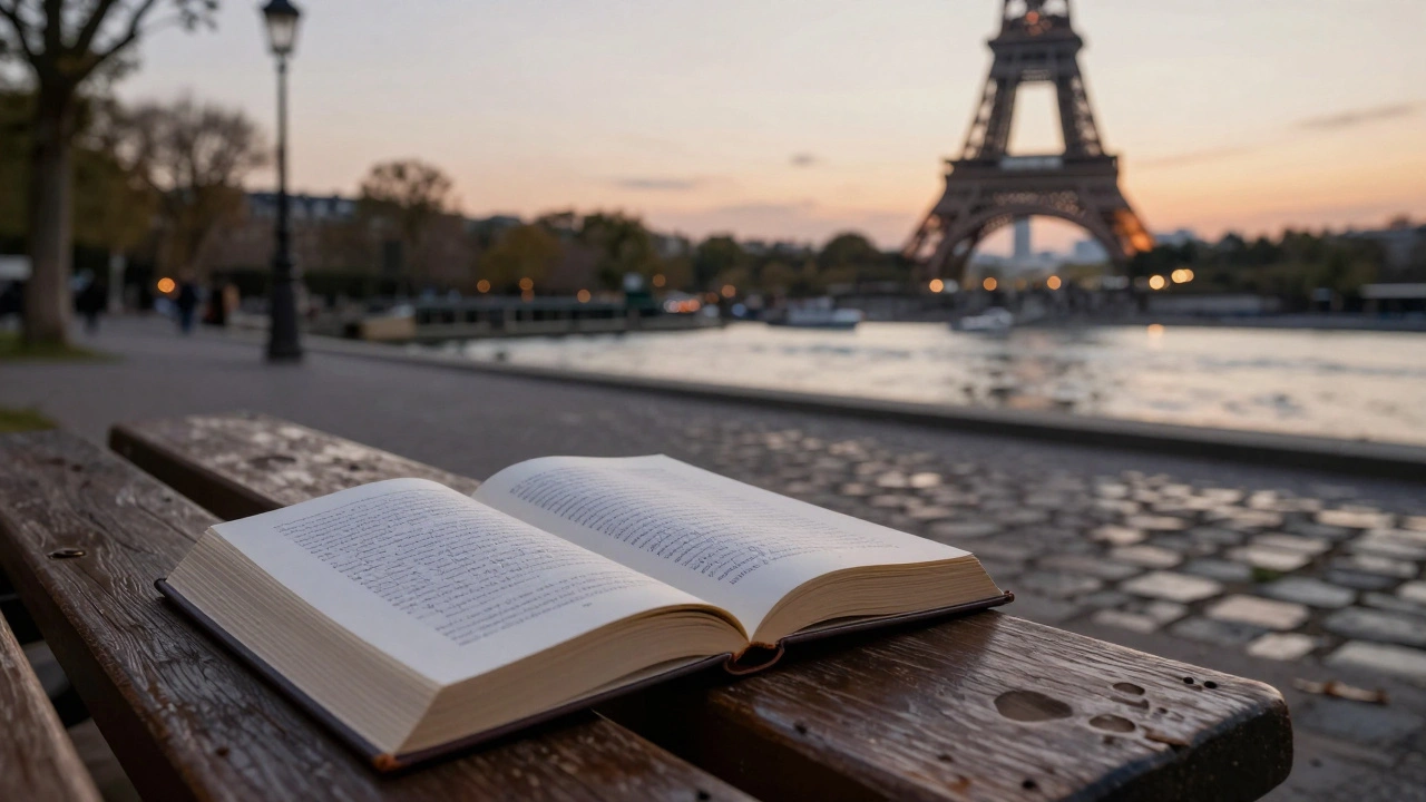 Un livre ouvert sur un banc de la Seine, avec une note manuscrite posée dessus, au crépuscule.