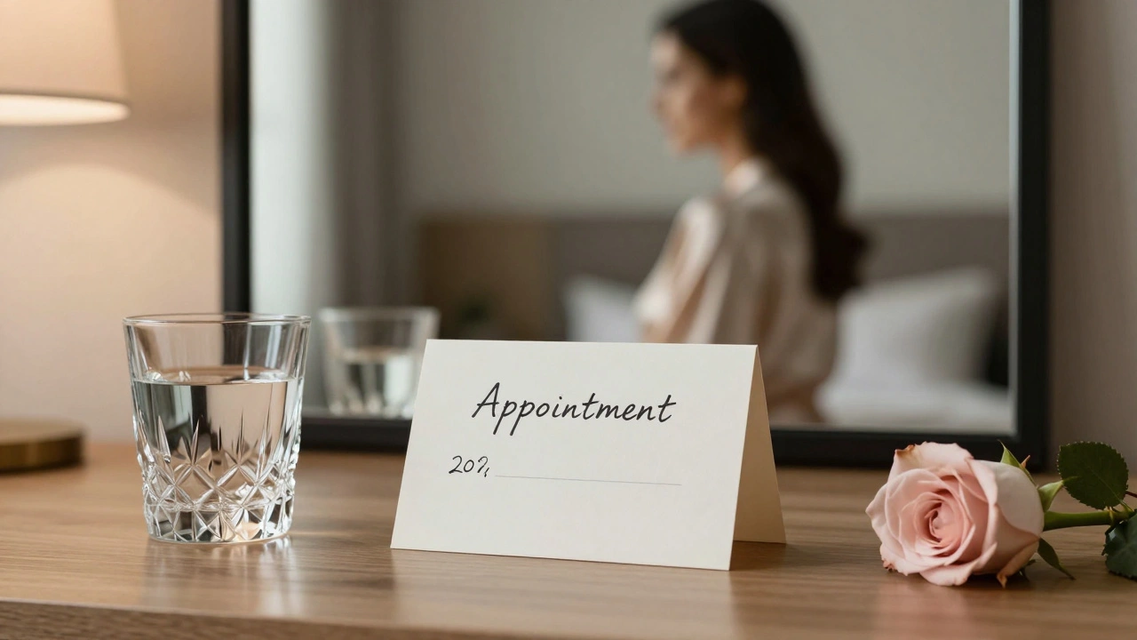 Une carte de rendez-vous manuscrite sur un bureau élégant, avec une rose et un verre d'eau.