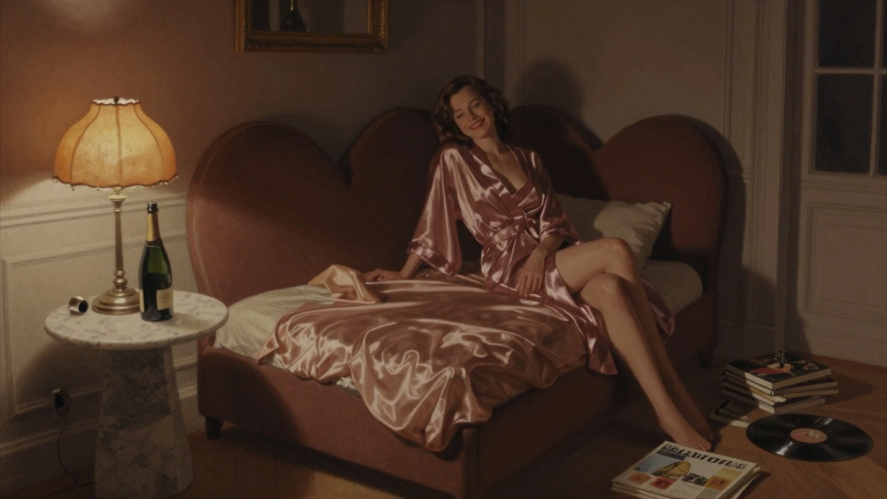 Une chambre d'époque avec un lit en forme de cœur, lumière douce et bouteille de champagne sur une table de marbre.