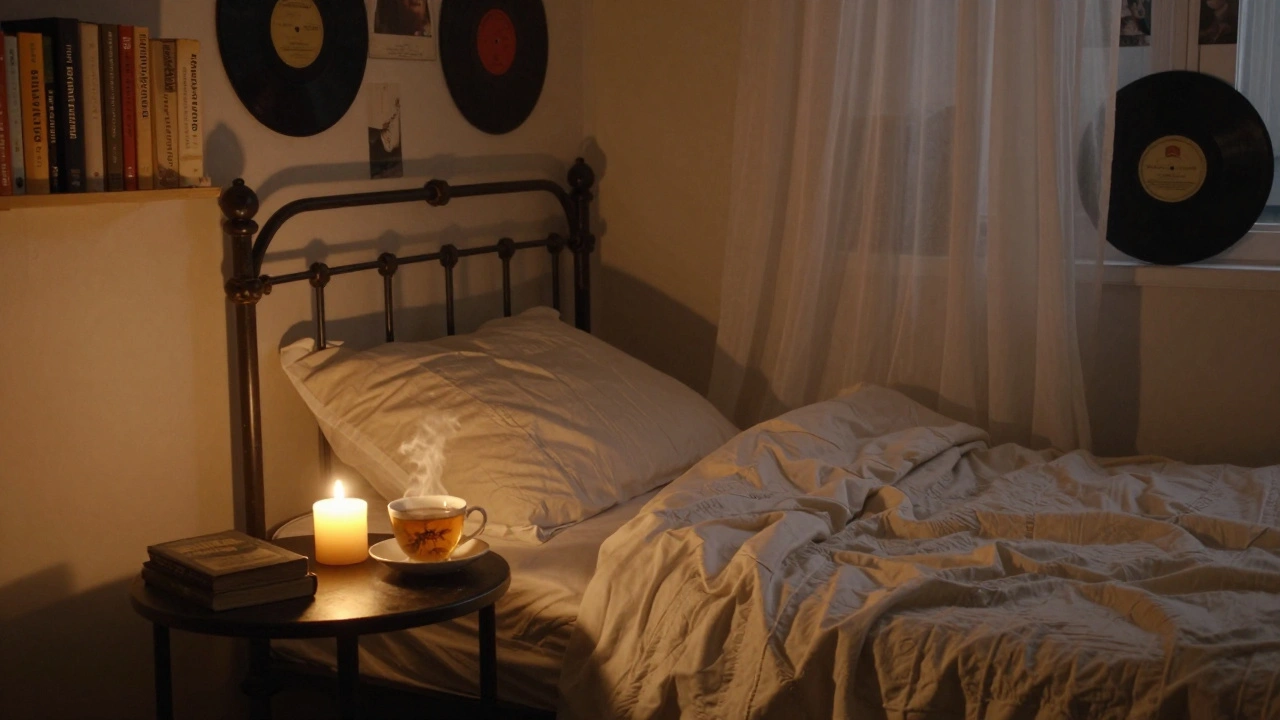 Une chambre intime avec un lit en fer forgé, une bougie et du thé à la verveine, dans une ambiance apaisante et sensorielle.