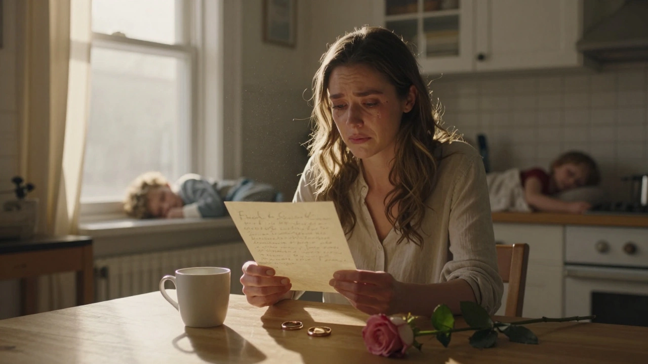 Une femme assise à la cuisine au petit matin, tenant une lettre écrite à la main, une bague de mariage à côté d&#039;elle.