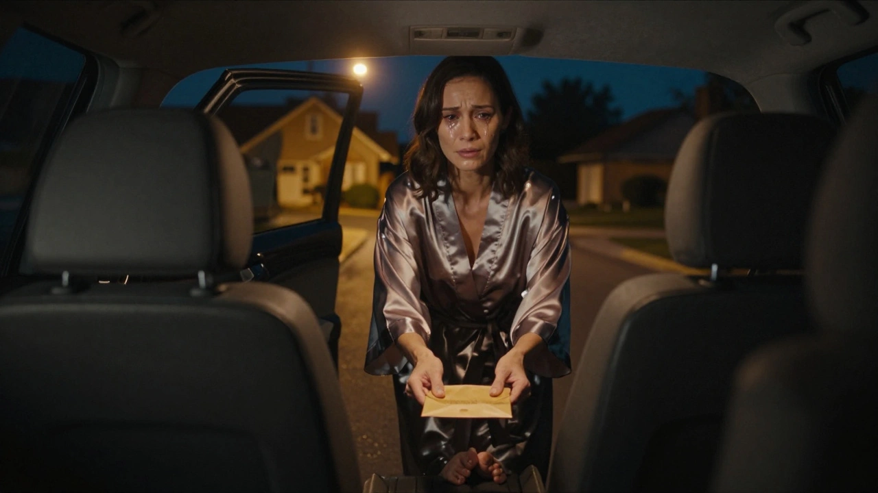 Une femme dépose une lettre dans l'arrière-siège d'une voiture, la nuit, dans un quartier calme.