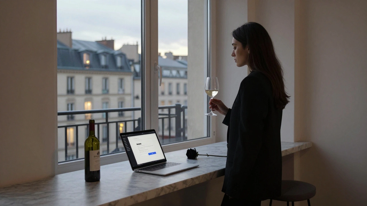 Une femme élégante dans un appartement de Lyon, tenant un verre de vin face à la ville illuminée.