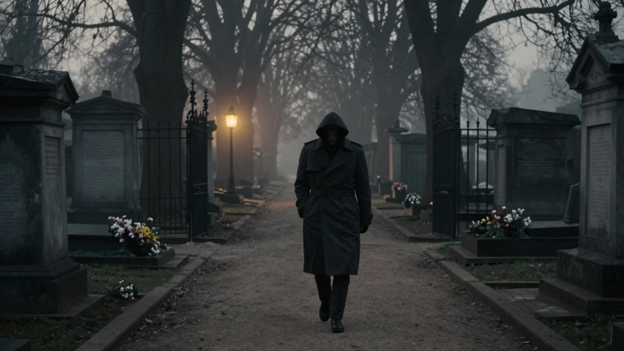 Une silhouette solitaire marchant dans le cimetière du Père-Lachaise sous la brume du crépuscule.