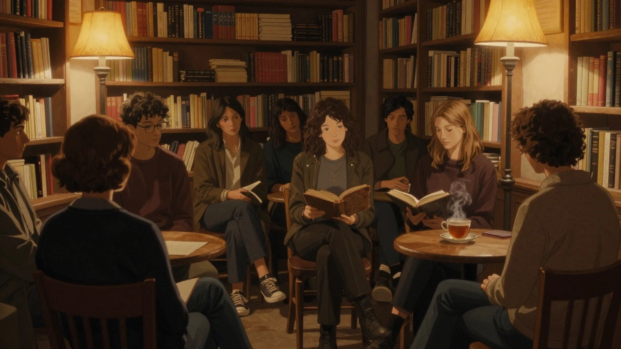 Une soirée lecture intime dans une librairie parisienne, des auditeurs attentifs écoutent une femme lire à voix haute.