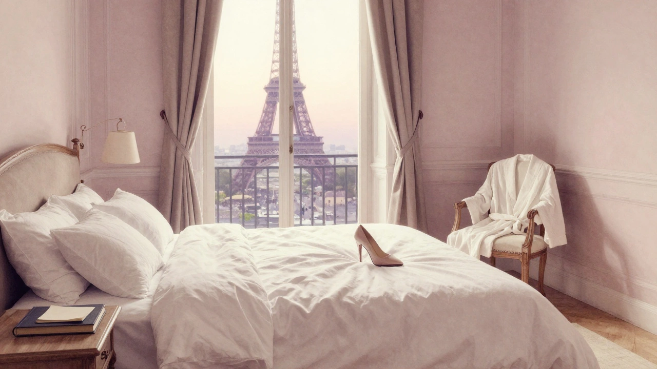 Chambre d’hôtel vide au petit matin à Paris, robe et chaussure abandonnées, lumière douce sur la tour Eiffel.