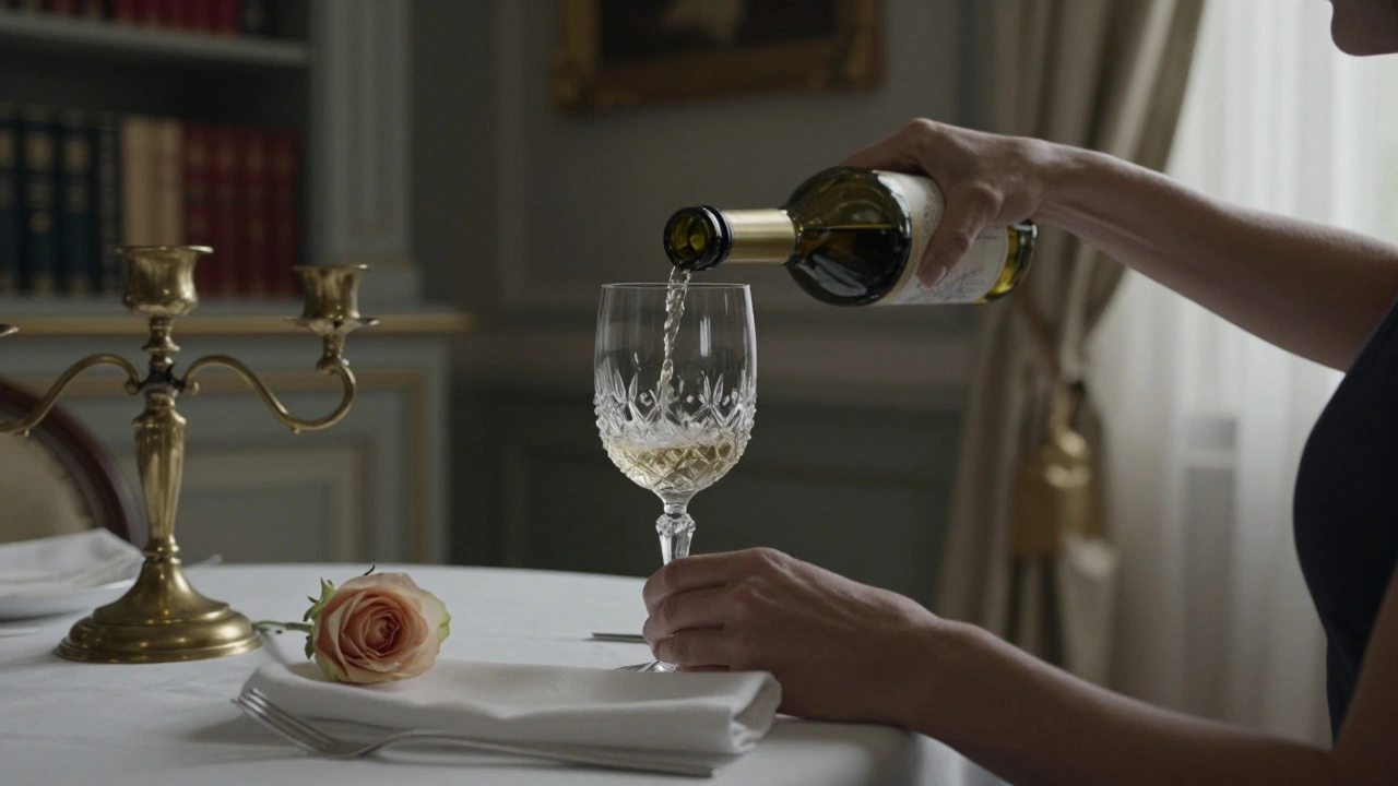 Des mains de femme versant du vin dans un verre de cristal sur une table dressée avec une rose et une bougie.