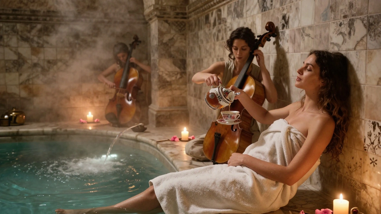 Des personnes se détendent dans des bains thermaux secrets sous une lumière douce, entourées de vapeur et de bougies.