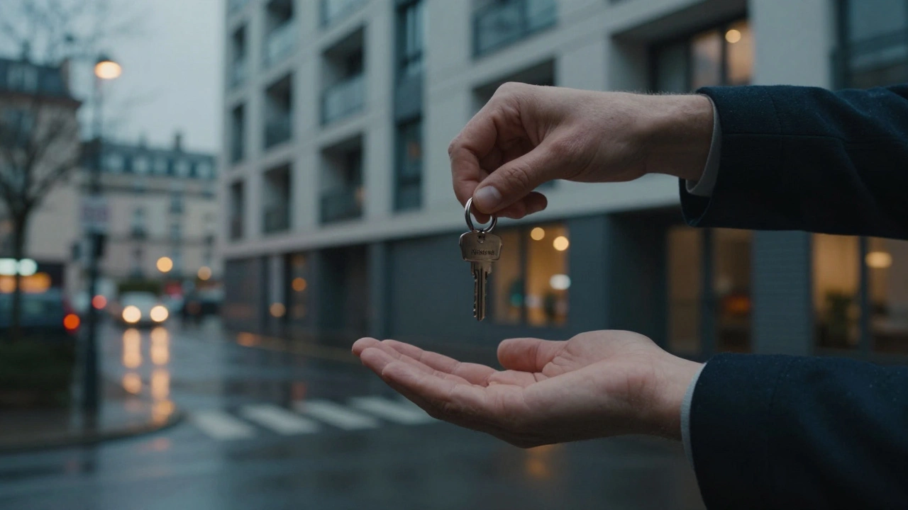 Deux mains échangeant une clé devant un immeuble discret du 13e arrondissement, sous un ciel crépusculaire.