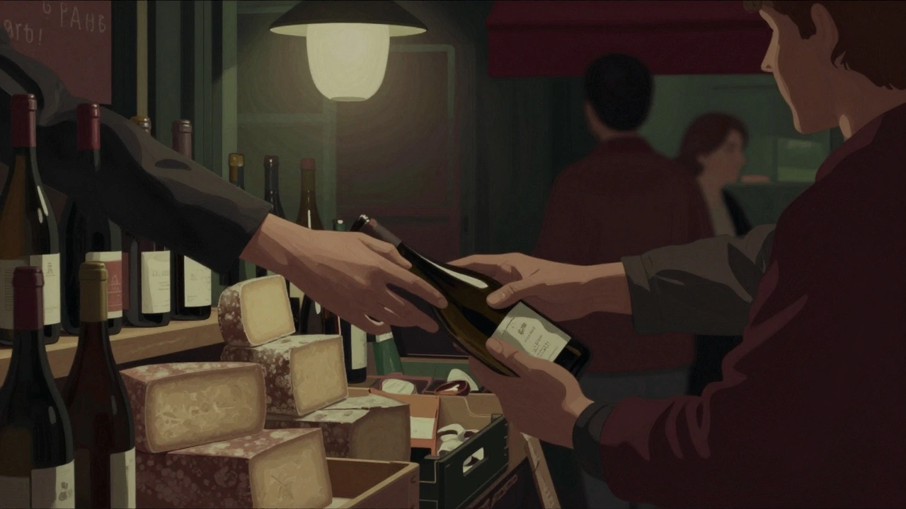 Deux mains presque en contact dans un marché nocturne, entre fromages et bouteilles de vin.