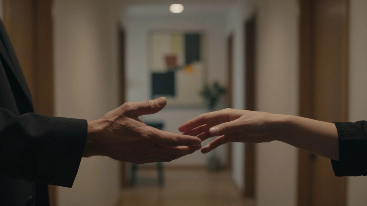 Deux mains qui se rencontrent dans un couloir sombre, émotion silencieuse et connexion profonde.