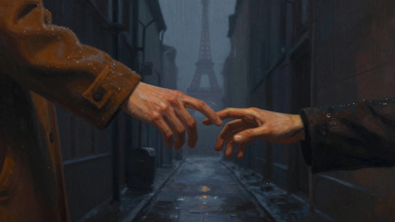 Deux mains qui se touchent dans une ruelle sombre de Paris, la Tour Eiffel en arrière-plan brumeux.