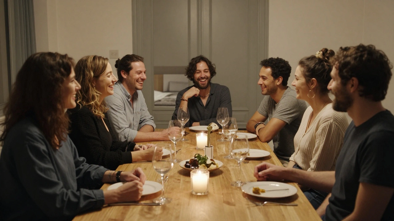 Dîner libertin à Villeurbanne, des couples et des individus rient et discutent autour d'une table illuminée par des bougies.