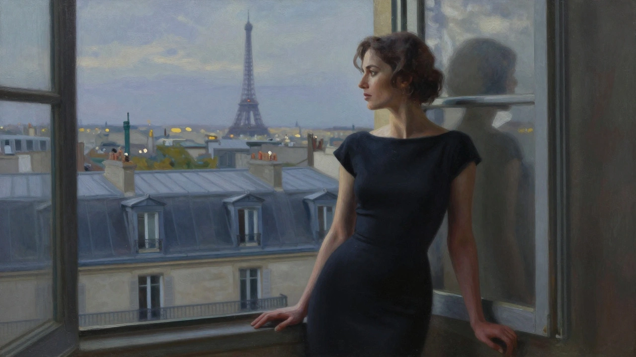 Femme élégante regardant la ville de Paris depuis une fenêtre au crépuscule.