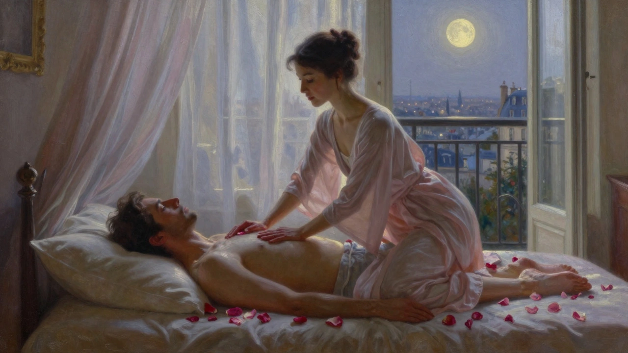 Femme massant un homme avec de l'huile de rose, pétales de roses, lumière de lune, skyline parisien.