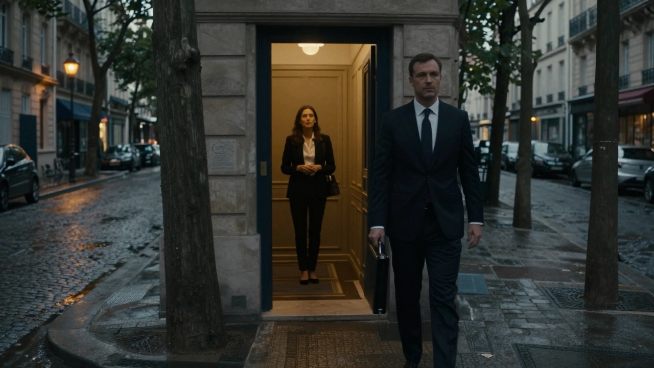 Homme en costume marchant vers une entrée discrète dans un quartier calme du 7e arrondissement de Paris au crépuscule.