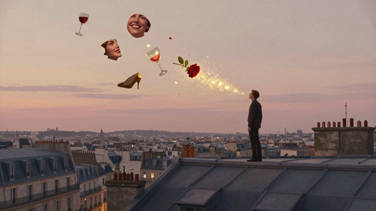 Homme sur un toit à l'aube, fragments d'une expérience parisienne flottant en lumière dorée.