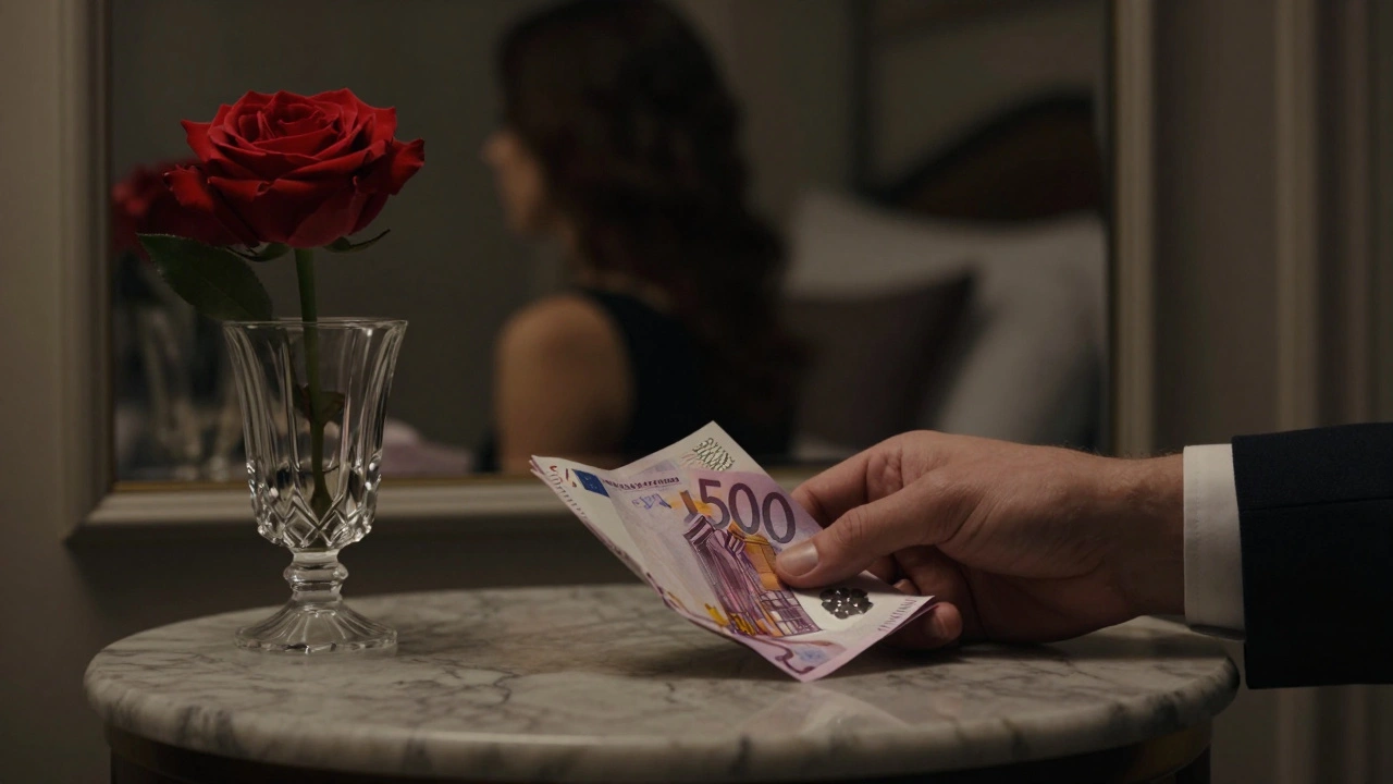 Main tenant un billet de 500 euros à côté d’une rose sur une table de marbre, reflet flou d’une femme dans un miroir.