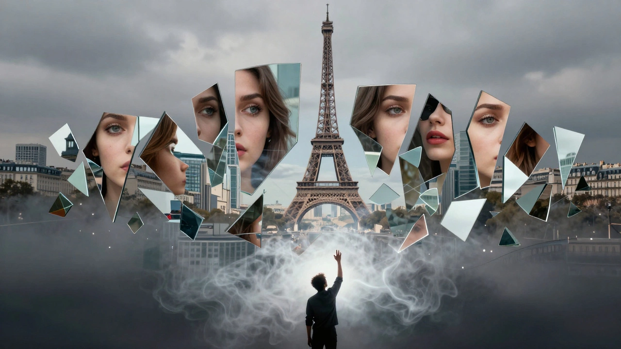 Skyline de Paris composé de miroirs reflétant des détails humains, un homme tend la main vers le ciel en fumée.