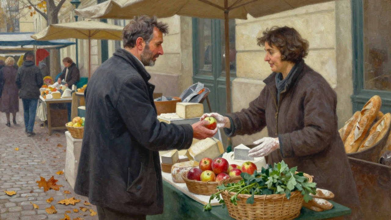 Un homme achète une pomme à une vendeuse au marché de Raspail, un regard calme et sincère entre eux.