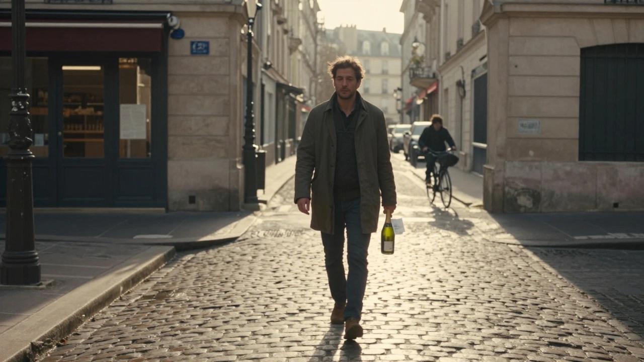 Un homme marchant à l'aube loin d'une entrée cachée du 13e arrondissement, l'air apaisé mais pensif.