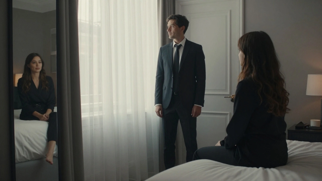 Une femme assise sur un lit à l'aube, un homme debout en silence dans une chambre de luxe.