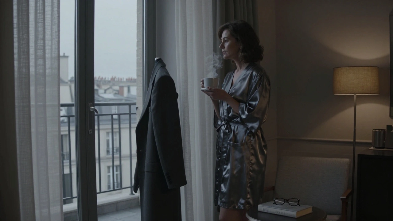 Une femme en robe de soie tenant une tasse de café au bord d'une fenêtre à l'aube, Paris en arrière-plan.