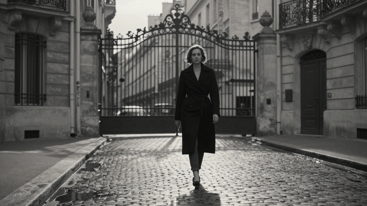 Une femme marche silencieusement dans une rue pavée du 7e arrondissement au petit matin, son reflet sur le sol mouillé.