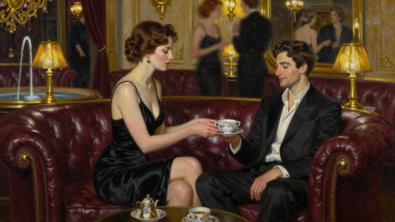 Une femme offre du thé à un homme apaisé dans un salon luxueux, ambiance de sérénité et élégance.