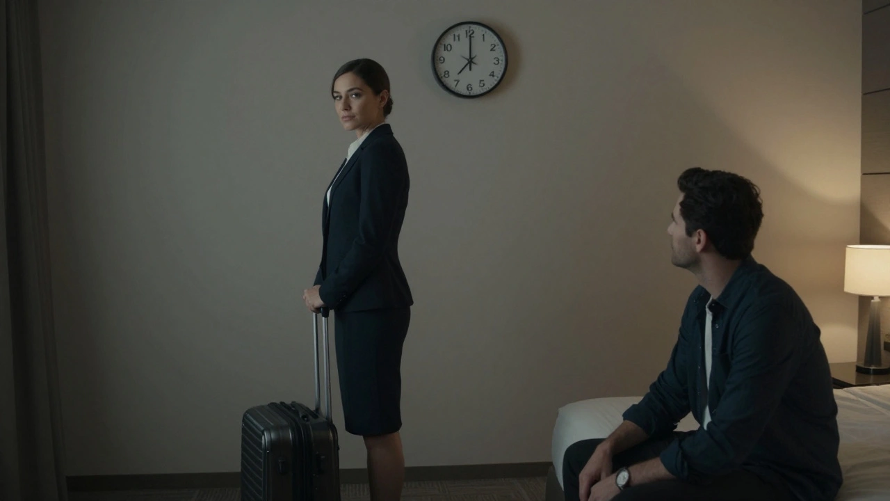 Une femme professionnelle dans une chambre d’hôtel, se retournant vers un client, expression neutre.