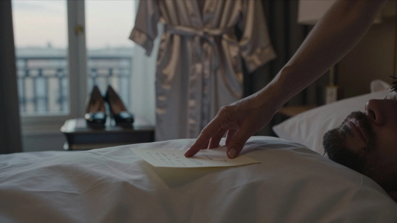 Une main posant une note sur un oreiller dans une chambre d'hôtel, au petit matin à Paris.