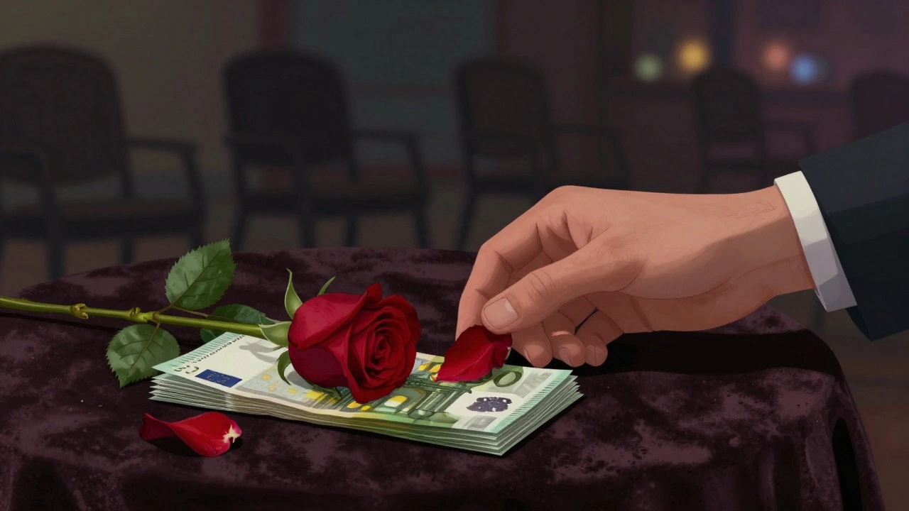 Une main tenant une rose flétrie au-dessus de billets de banque, sur un tissu de velours.