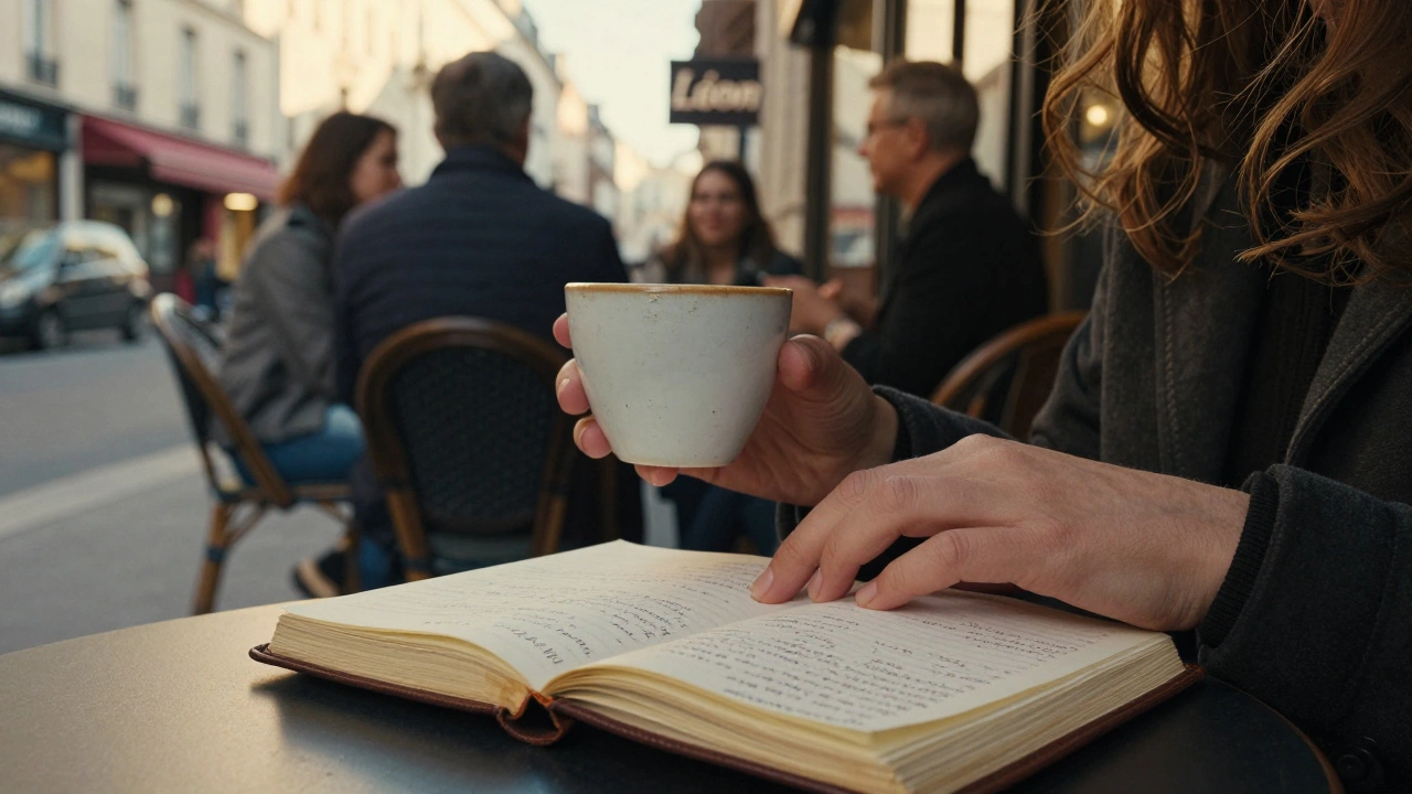 Des mains tenant une tasse de café et posées sur un journal ouvert, dans un café calme du 12e arrondissement de Paris.