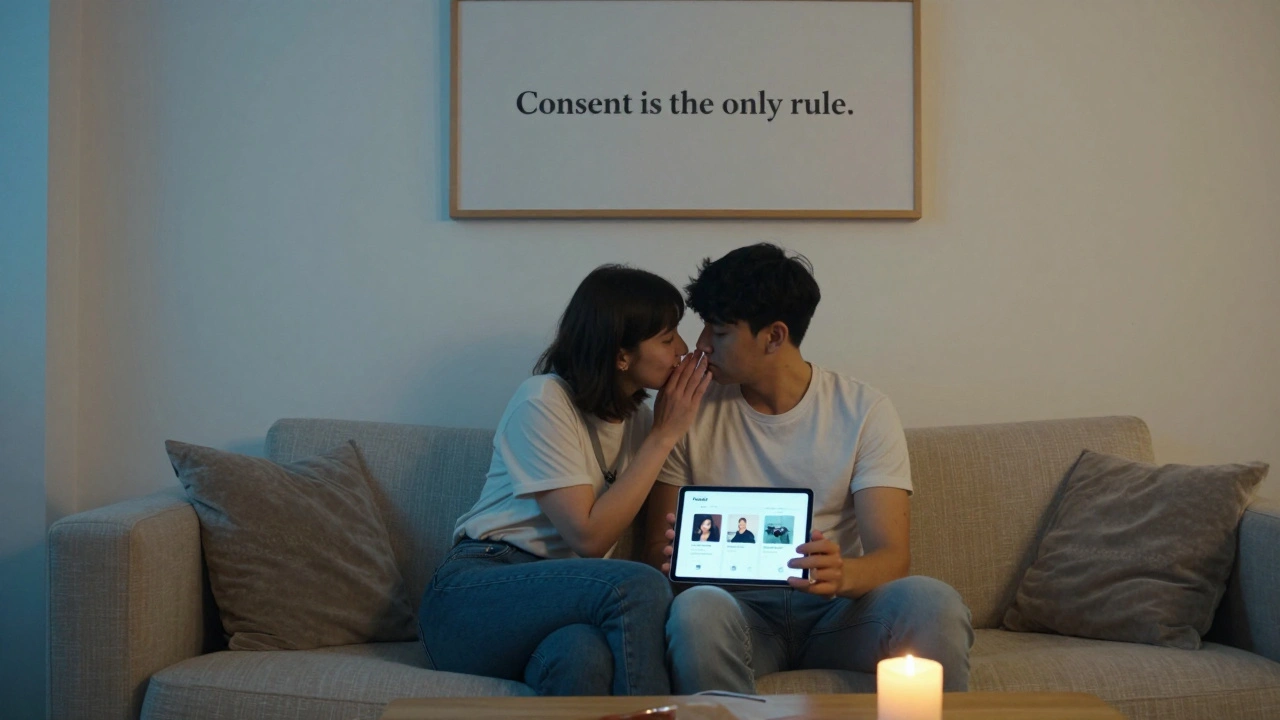 Deux couples à Paris, en confiance, regardant l'application Feeld dans une pièce apaisante.