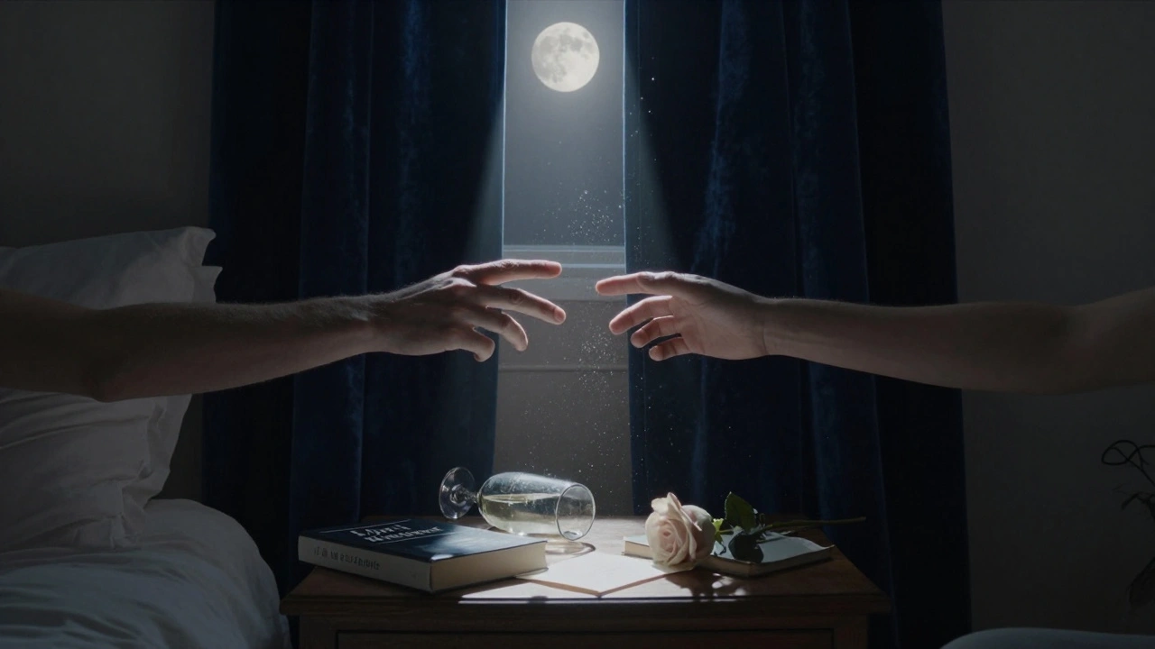 Deux mains qui s'approchent sans se toucher, dans une chambre éclairée par la lune, entre un verre de champagne et un livre.