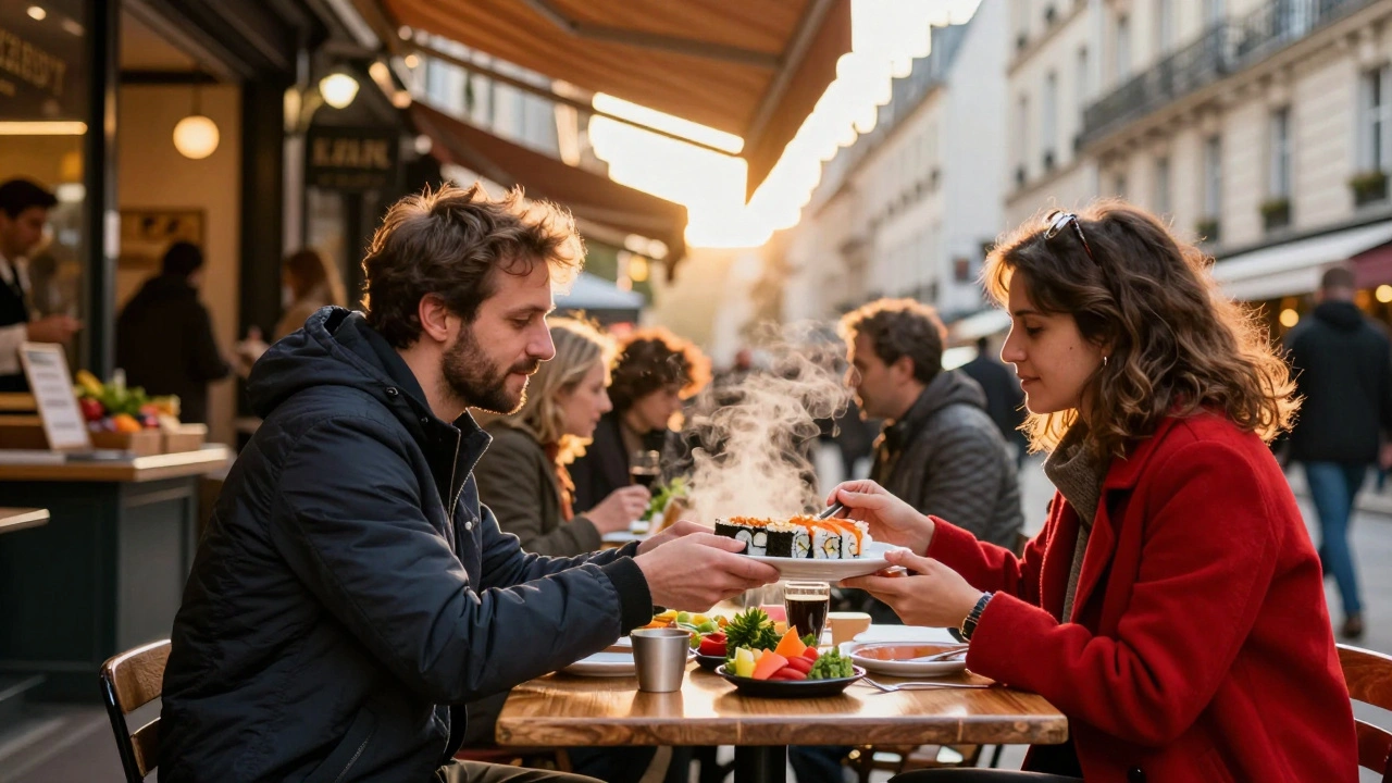 Deux personnes partagent un repas au Marché des Enfants Rouges, dans une lumière dorée d'automne, entourées de nourriture colorée.