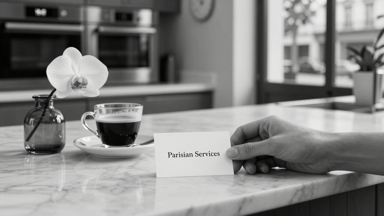 Main déposant une carte de visite sur un comptoir de marbre avec café et orchidée blanche, style photographique noir et blanc.