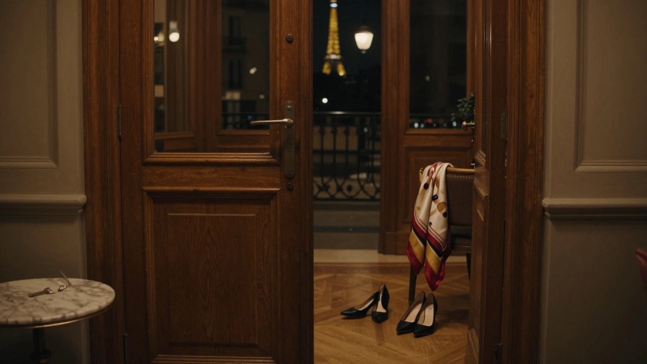 Porte entrebâillée d'un appartement parisien, chaussures et écharpe sur une chaise, atmosphère discrète et intime.