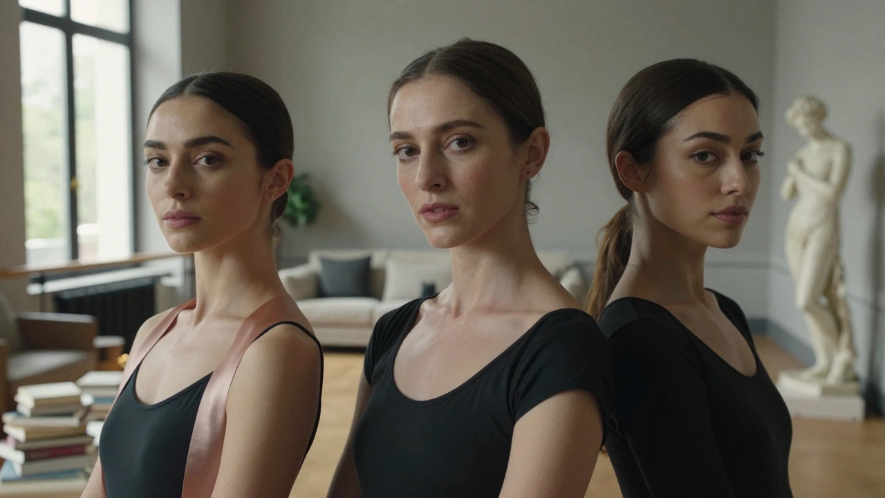 Trois femmes élégantes dans des environnements parisiens : studio de danse, salon littéraire et couloir de musée, chacune avec une présence calme et puissante.