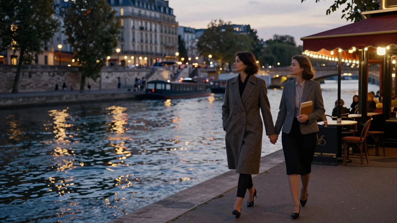 Un couple marche le long de la Seine à l'heure bleue, main dans la main, dans le 7e arrondissement.