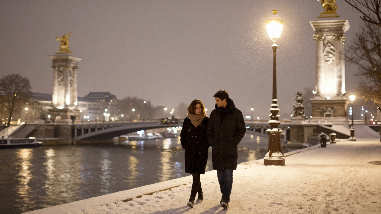 Un couple marche sous la neige près du pont Alexandre III, les lumières de Paris scintillant sur la Seine derrière eux.